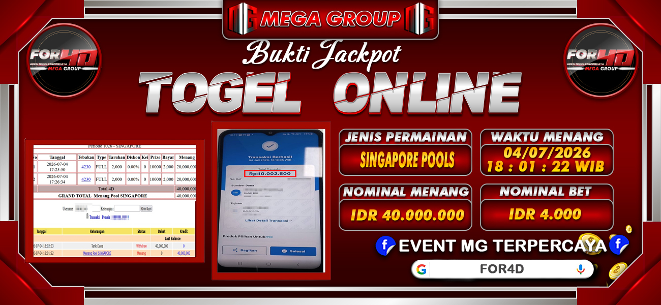 Bukti JP situs For4D hari Senin, 06 Juli 2026