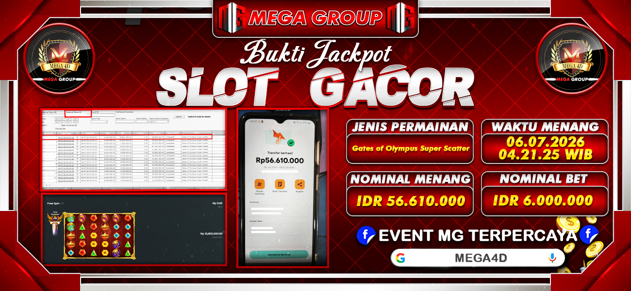 Bukti JP situs Mega4D hari Senin, 06 Juli 2026